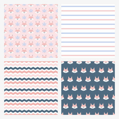 Materiał do szycia Set of four seamless pattern with squirrel heads, chevron and stripes