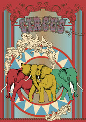 Trained elephants. Design inspired by an old circus. Suitable for posters, cards, tattoo. Vector illustration. Engraving style