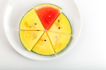 Yellow and red watermelon in a white round plate, on a white background, sliced. The concept of contrast highlight and difference