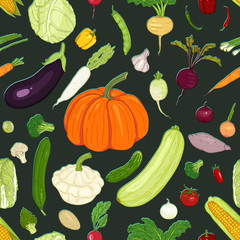 Vector Seamless Pattern of Cartoon Vegetables on Dark Background