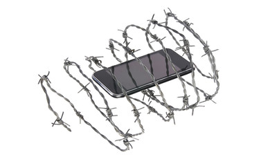 Smartphone locked in barbed wire. Social network addiction metaphor. Isolated on white background. Copy text space.
