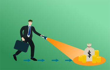 Businessman holding flashlight shine for search money , success concept