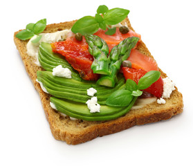 avocado toast open sandwich isolated on white background
