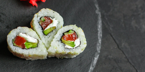 sushi rolls (seafood) menu concept. food background. copy space