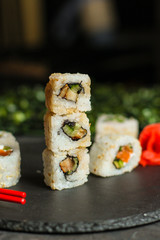 sushi rolls (seafood) menu concept. food background. copy space