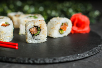 sushi rolls (seafood) menu concept. food background. copy space