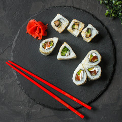 sushi rolls (seafood) menu concept. food background. copy space