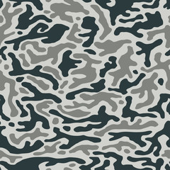 Camouflage pattern background seamless vector illustration. Splashes masking camo repeat print. Grey black and white.