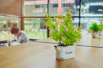 Artificial plants or plastic tree on table for decoration and welcome for customers in coffee shop.