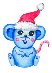 Christmas mouse in a red hat. Watercolor