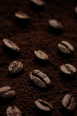 whole coffee beans on top of ground coffee close up. top view