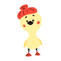 cute character cheerful duckling in a red beret.