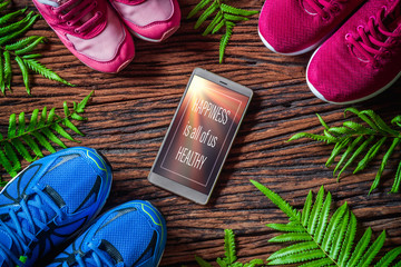 The healthy family lifestyle concept, mockup smartphone for your quotes or artwork. Family day background concept. Happiness is all of us healthy.