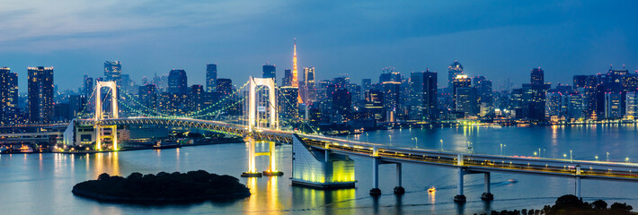 panorama Tokyo Tower skyline and Rainbow Bridge with cityscape at Odaiba Japan