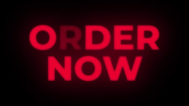Order Now Text Blinking Flickering Neon Red Sign Promotional Loop Background. Sale, Discounts, Deals, Special Offers. Green Screen and Alpha Matte