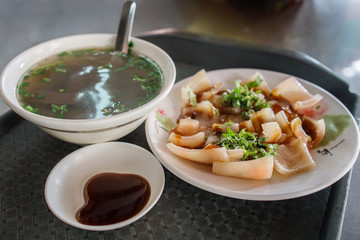 Boiled Pork Skin, Pig Blood Soup and Soya Sauce