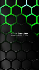 Vertical hexagon background. Gradient color light pattern with dark background technology style. Honeycomb. Vector illustration of light.