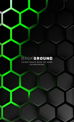 Vertical hexagon background. Gradient color light pattern with dark background technology style. Honeycomb. Vector illustration of light.