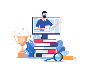 Online education or business training. Pile of books and computer with mentor. Vector illustration for mobile and web graphics.