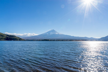 Mount fuji at Lake kawaguchiko with sunny in japan