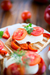 Closeup of a fresh sandwich with mozzarella, tomatoes