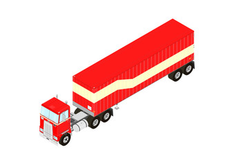 Vintage truck tractor with semitrailer. Isometric view. Flat vector.