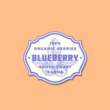 Organic Blueberry Abstract Vector Sign, Symbol or Logo Template. Blue Berry Sketch Sillhouette with Classic Retro Typography in a Frame. Vintage Label, Emblem or Badge.