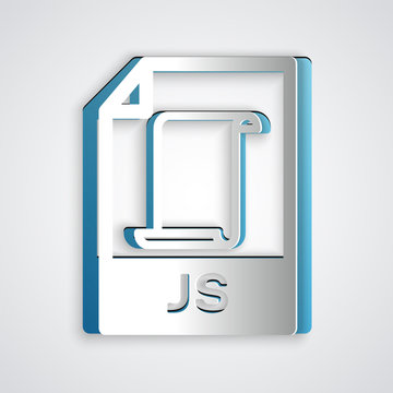 Paper cut JS file document. Download js button icon isolated on grey background. JS file symbol. Paper art style. Vector Illustration