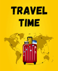 Time to Travel Tourism Poster Concept. Vector Illustration of travel poster with red suitcase, camera and world map on background