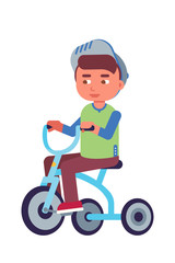 Boy riding blue bicycle flat vector illustration