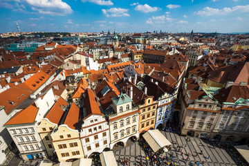 Houses with traditional red roofs in Prague Old Town Square in the Czech Republic