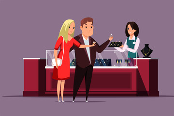 Couple choosing jewelry flat vector illustration