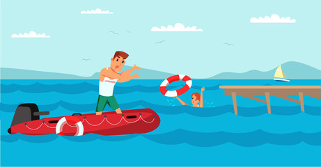 Lifeguard saving child flat vector illustration
