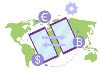 Money transfer flat illustration. International financial transactions and currency conversions rates concept. Remittance service. E payment gateway, fintech. Peer to peer global payments metaphor