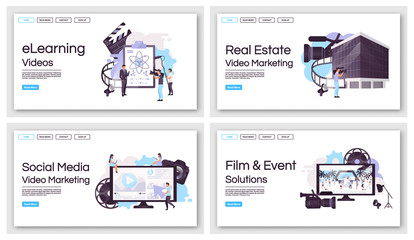 Video marketing production landing page vector templates set. Film and event shooting website interface idea with flat illustrations. Filmmaking homepage layout. Web banner, webpage cartoon concept © IMG visuals characte