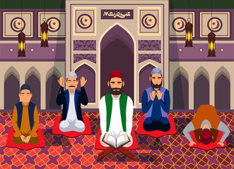 Muslim man in mosque flat vector illustration