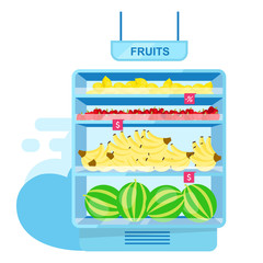 Shelf with fruits in store flat vector illustration. Farming and gardening. Fresh ripe fruits at shop stall. Farmers market assortment. Healthy food in supermarket, big choice of organic products