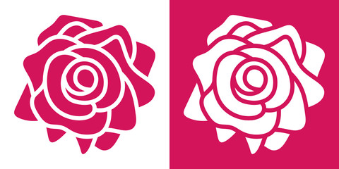 Set of two icons flooded with color, rose flower top view. In red and white variations.