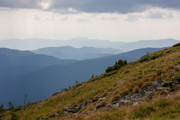 The majestic view of the beautiful mountains. Relaxing travel background. Tourist routes. Carpathians. Ukraine. Europe.