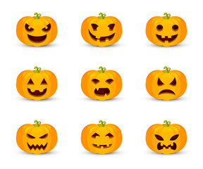 Pumpkin faces flat vector illustration set
