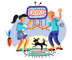 Happy lottery winners flat vector illustration