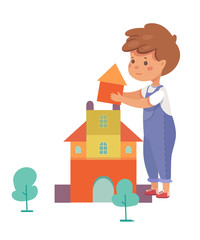 Boy building house flat vector illustration