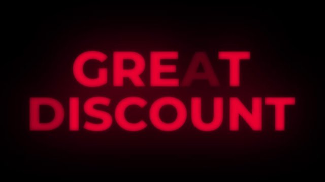 Great Discount Text Blinking Flickering Neon Red Sign Promotional Loop Background. Sale, Discounts, Deals, Special Offers. Green Screen and Alpha Matte