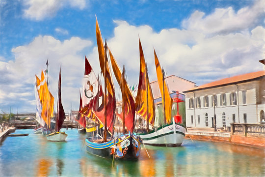 Cesenatico, Emilia Romagna, Italy: watercolor painting of the ancient fishing boats
