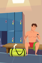 Man in gym locker room flat vector illustration