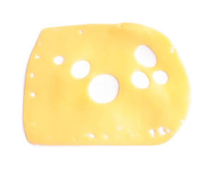 Slice of tasty maasdam cheese on white background, top view