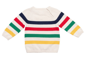 Autumn and winter children clothes. Close-up of colorful striped cozy warm sweater or pullover...