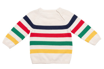 Autumn and winter children clothes. Close-up of colorful striped cozy warm sweater or pullover isolated on a white background. Kids autumn fashion. Back side view.