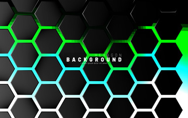 Abstract black hexagon pattern on green neon background technology style. Honeycomb. Vector illustration