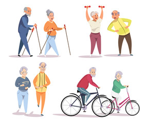 Elderly people doing sport flat illustrations set